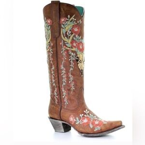 Corral boots Juliet Tan Deer Skull Floral Embroidery women size 8.5 M snip toe